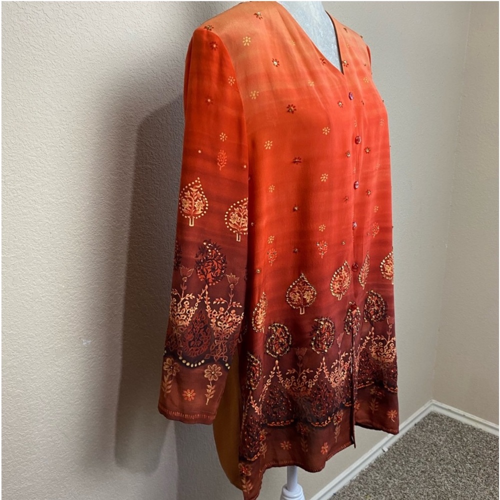 Vintage Diane Gilman Orange & Rust Sequin Button Front Tunic Top Size Medium - Picture 5 of 8